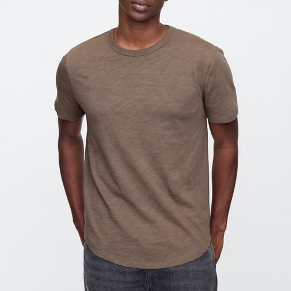 GAP Lived-In Curved Hem Crewneck T-Shirt, Plymouth‎ Rock (Brown), Large, EUC